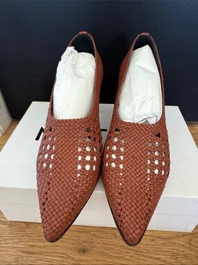 Woven Pointed Slip-On Heels in Rust